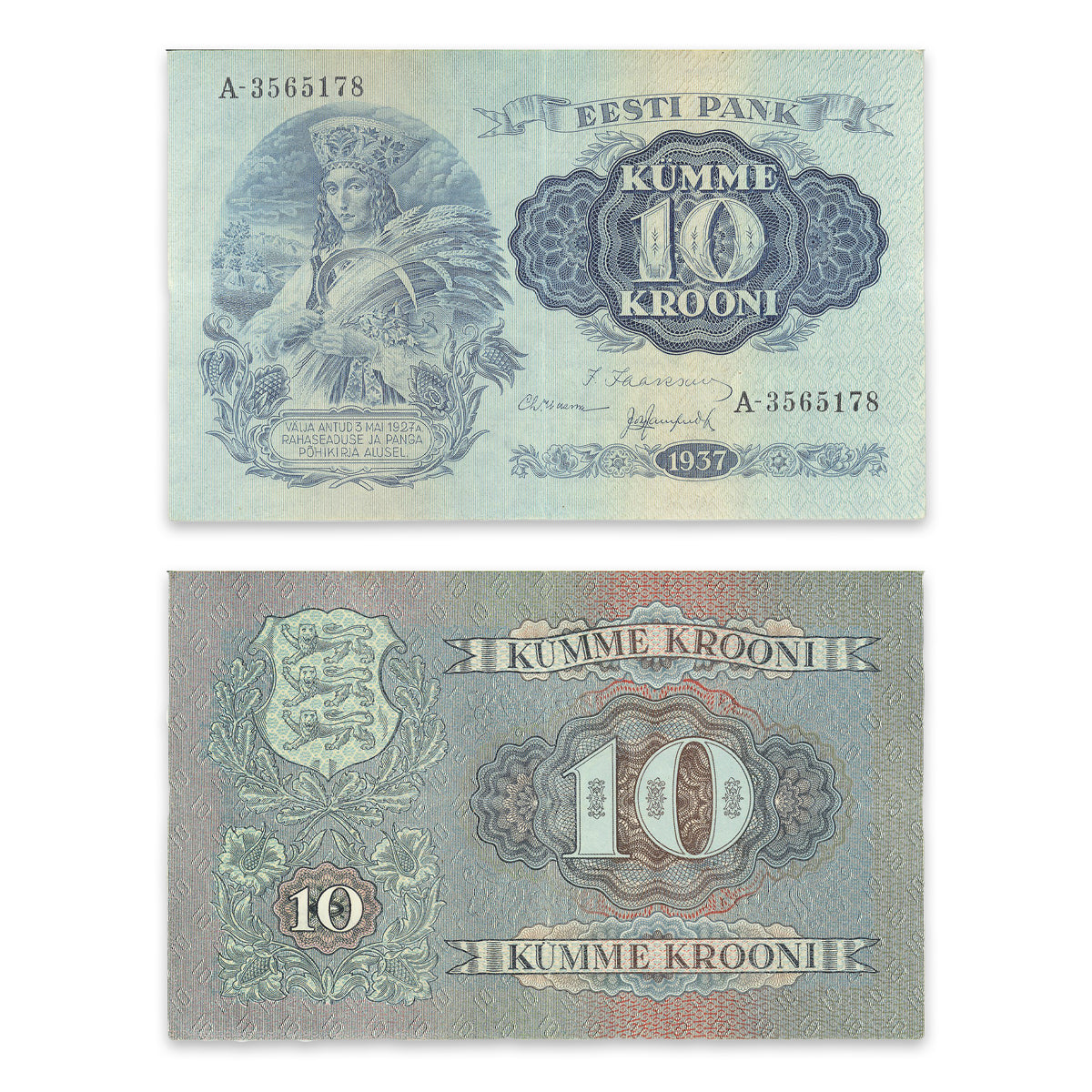 Estonia - Eesti Pank 1937 10 Krooni P# 67a EF-40