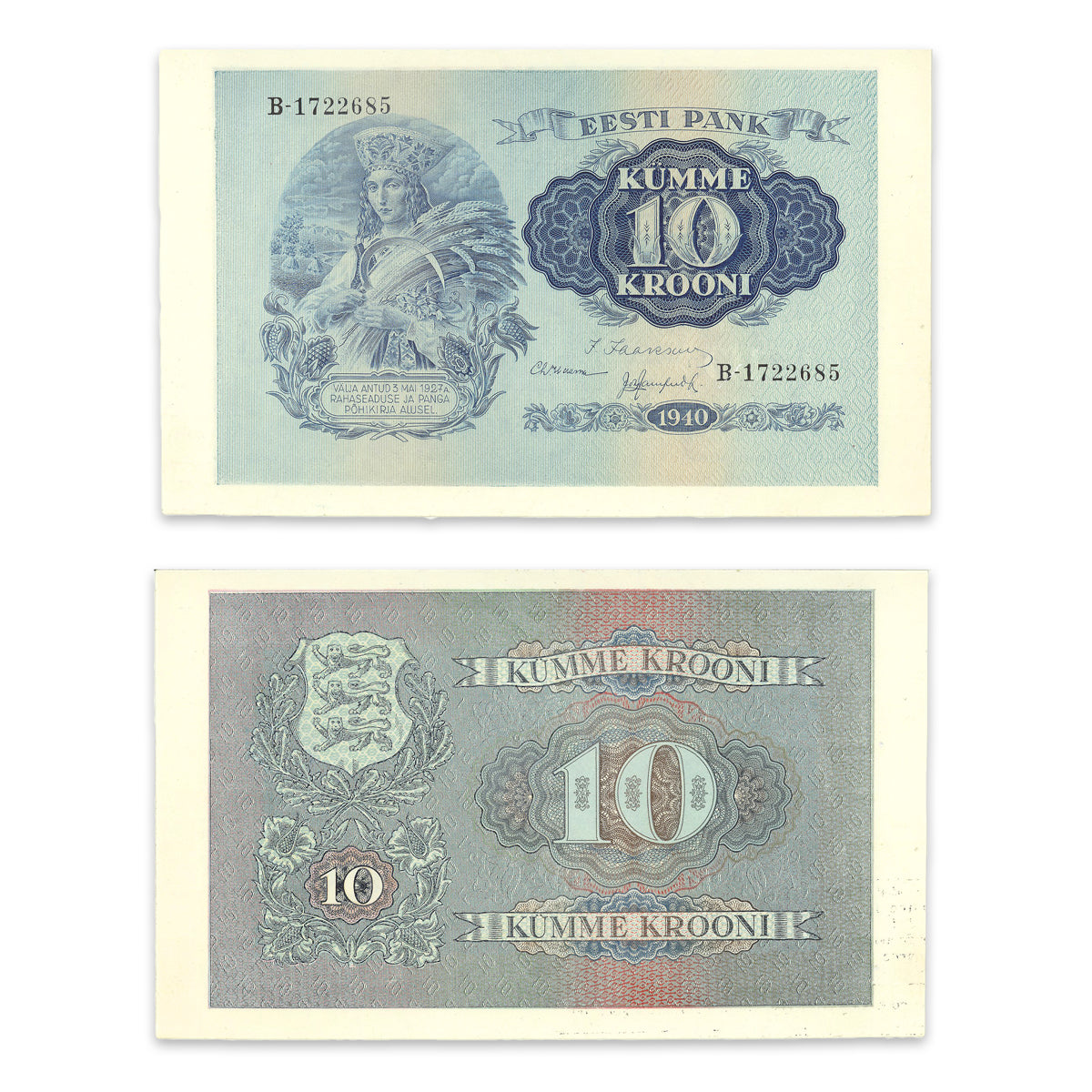 Estonia - Eesti Pank 1940 10 Krooni P# 68a Unissued UNC-60