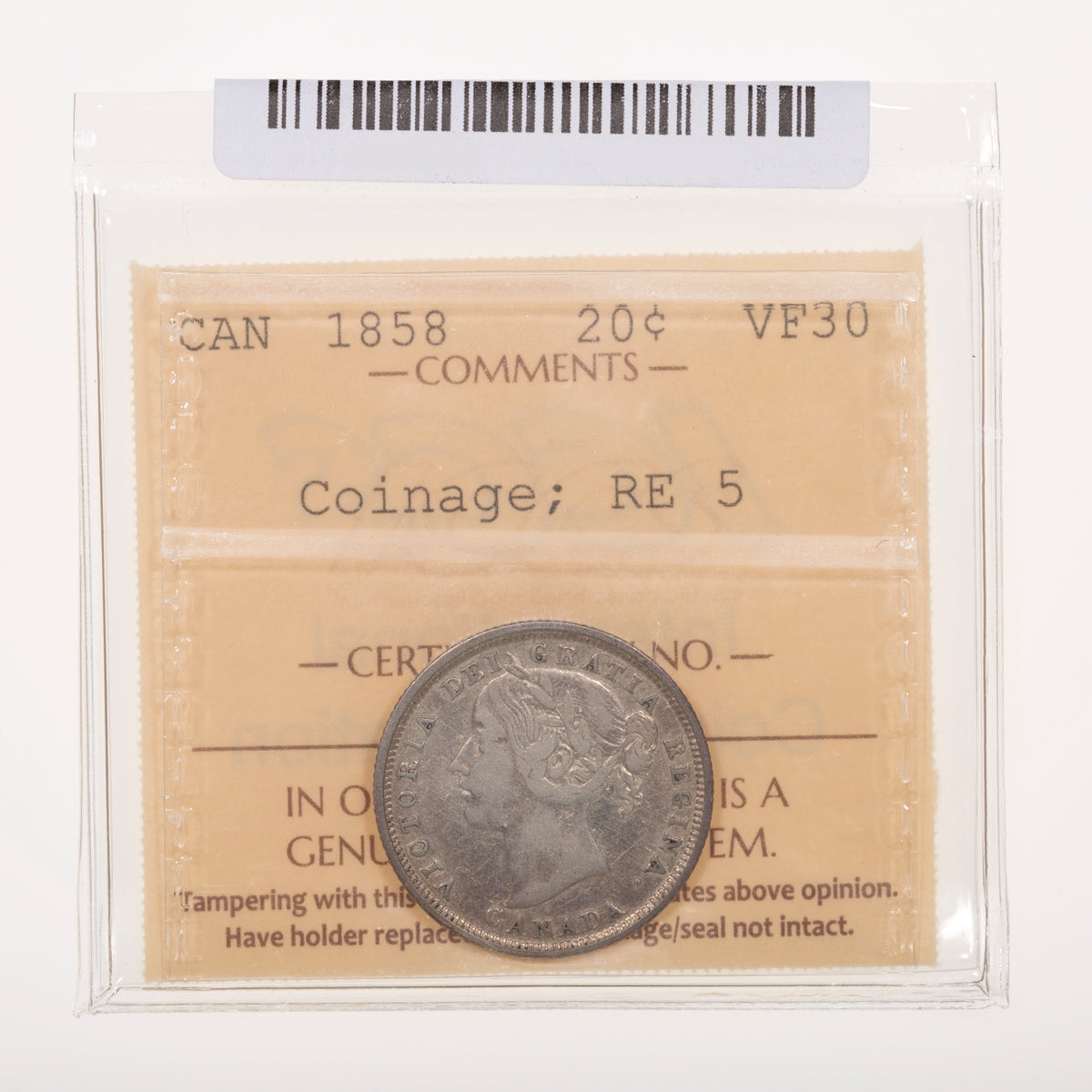 20 Cent 1858 Coinage, Re-engraved 5 ICCS VF-30