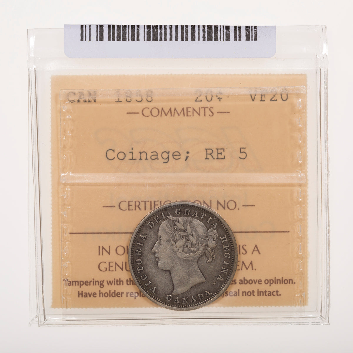 20 Cent 1858 Coinage, Re-engraved 5 ICCS VF-20