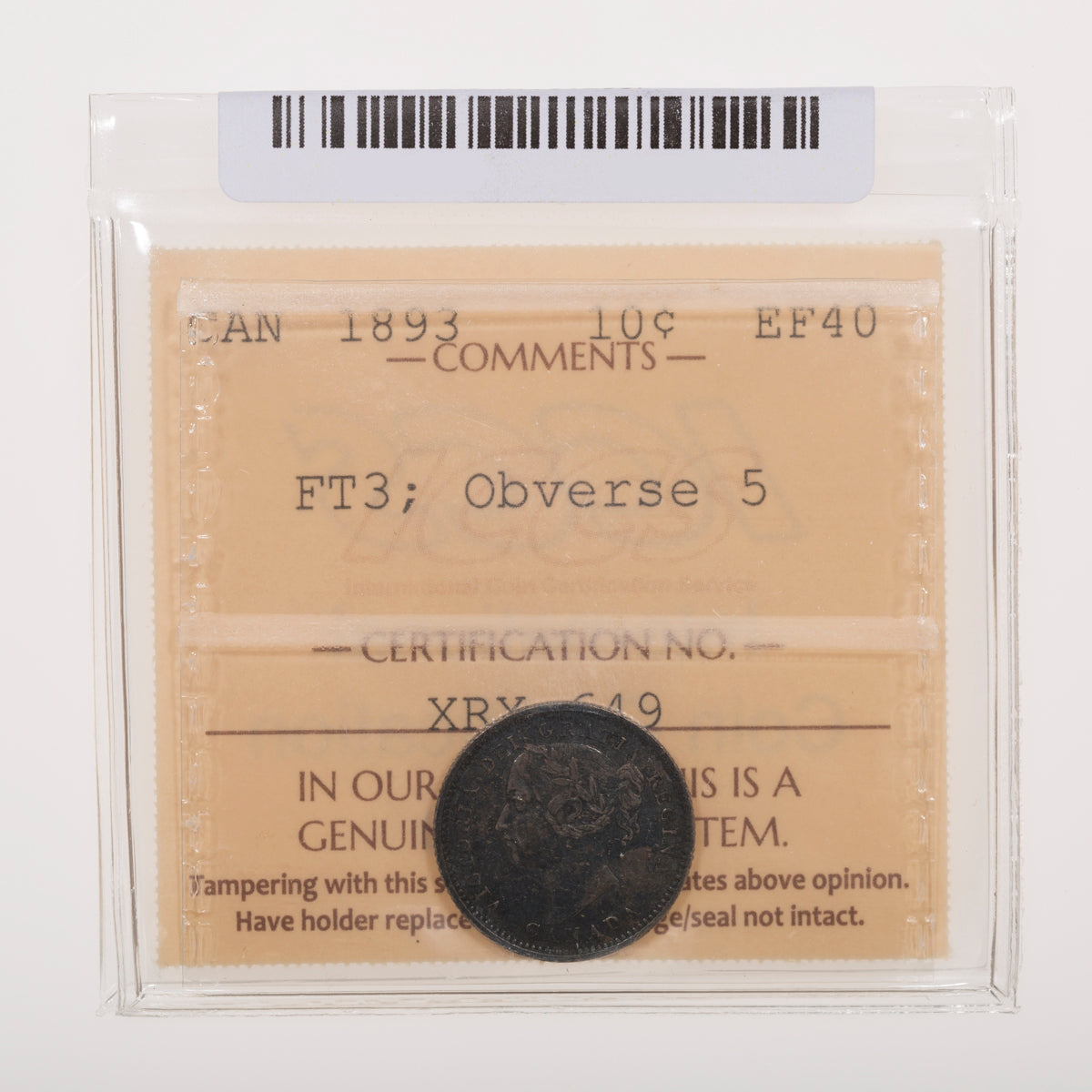 10 Cent 1893 Flat Top 3; Obverse 5 ICCS EF-40