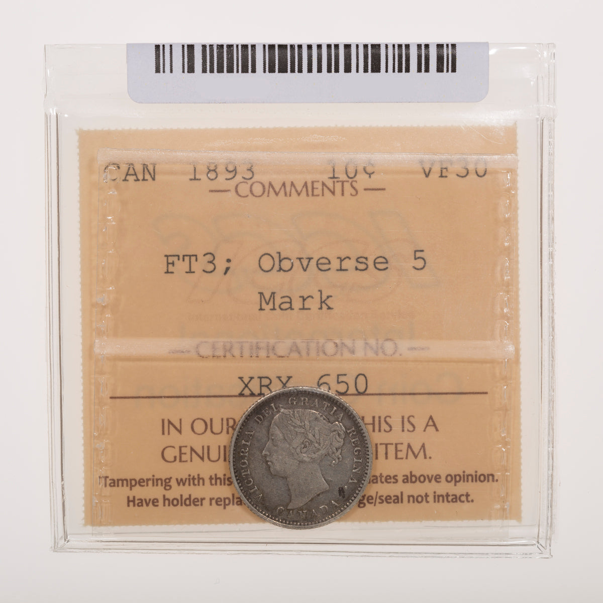 10 Cent 1893 Flat Top 3; Obverse 5 ICCS VF-30