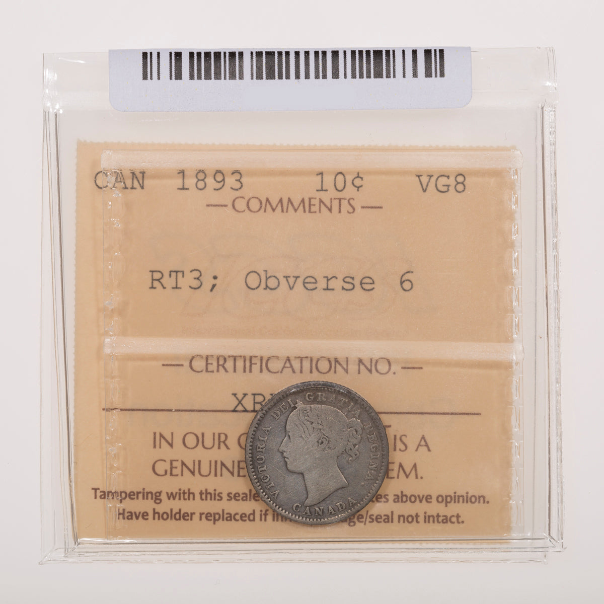 10 Cent 1893 Round Top 3; Obverse 6 ICCS VG-8
