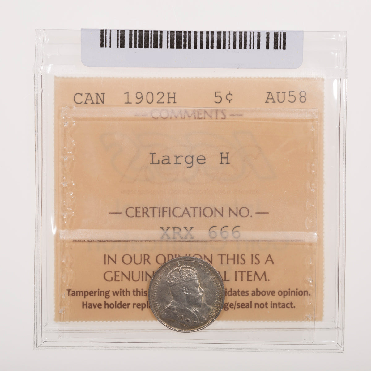 5 Cent 1902H Large H ICCS AU-58