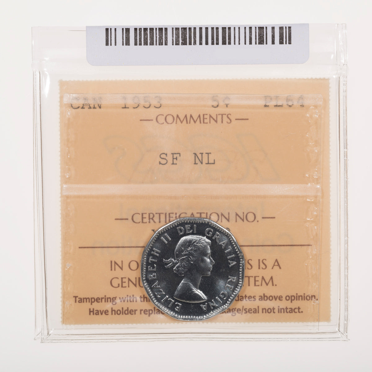 5 Cent 1953 Shoulder Fold Near Leaf ICCS PL-64