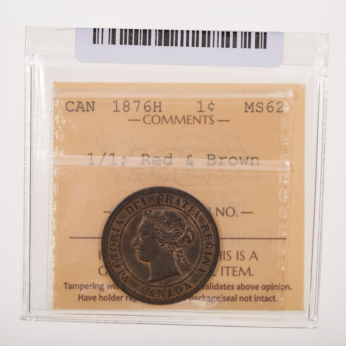 1 Cent 1876H 1/1 ICCS MS-62 Red & Brown
