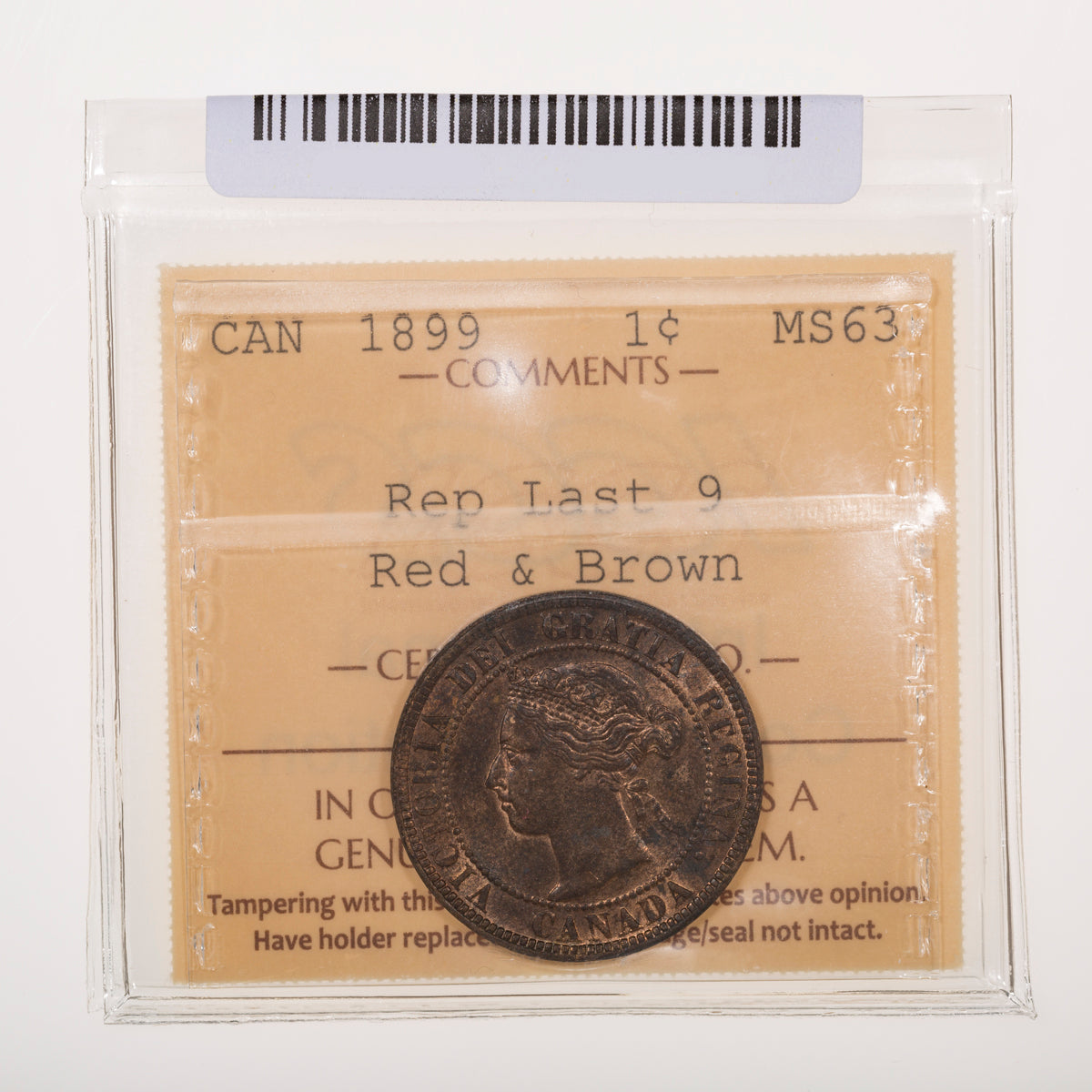 1 Cent 1899 Repunched Last 9 ICCS MS-63 Red & Brown