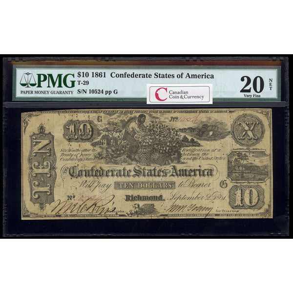 US $10 Coin Note 1861 Richmond, Virginia PMG VF-20