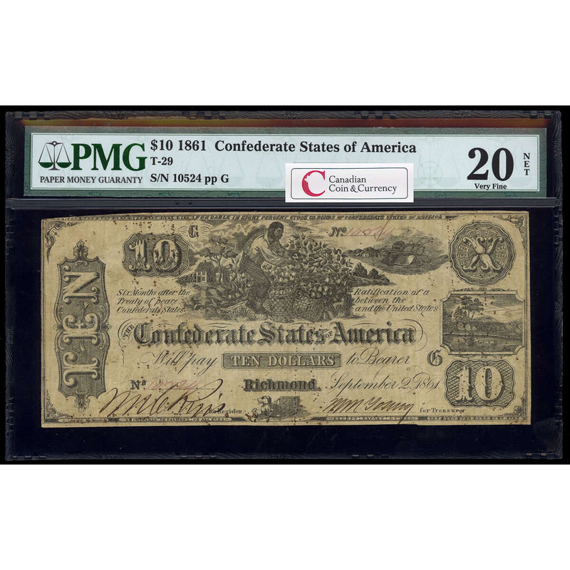 US $10 Coin Note 1861 Richmond, Virginia PMG VF-20