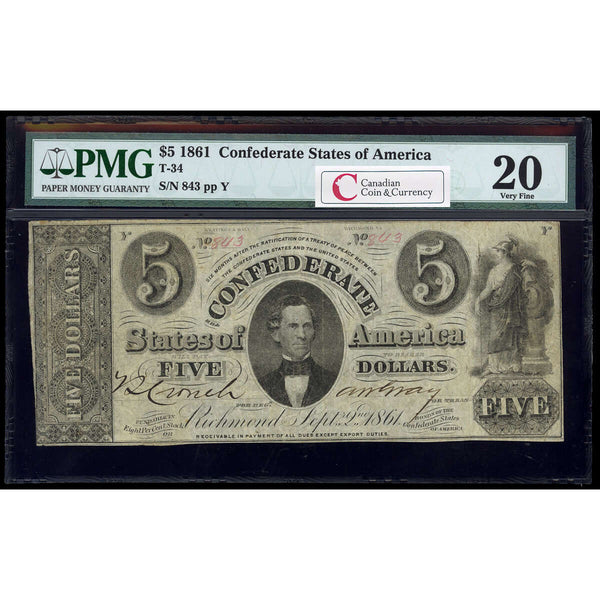 US $5 Coin Note 1861 Richmond, Virginia PMG VF-20