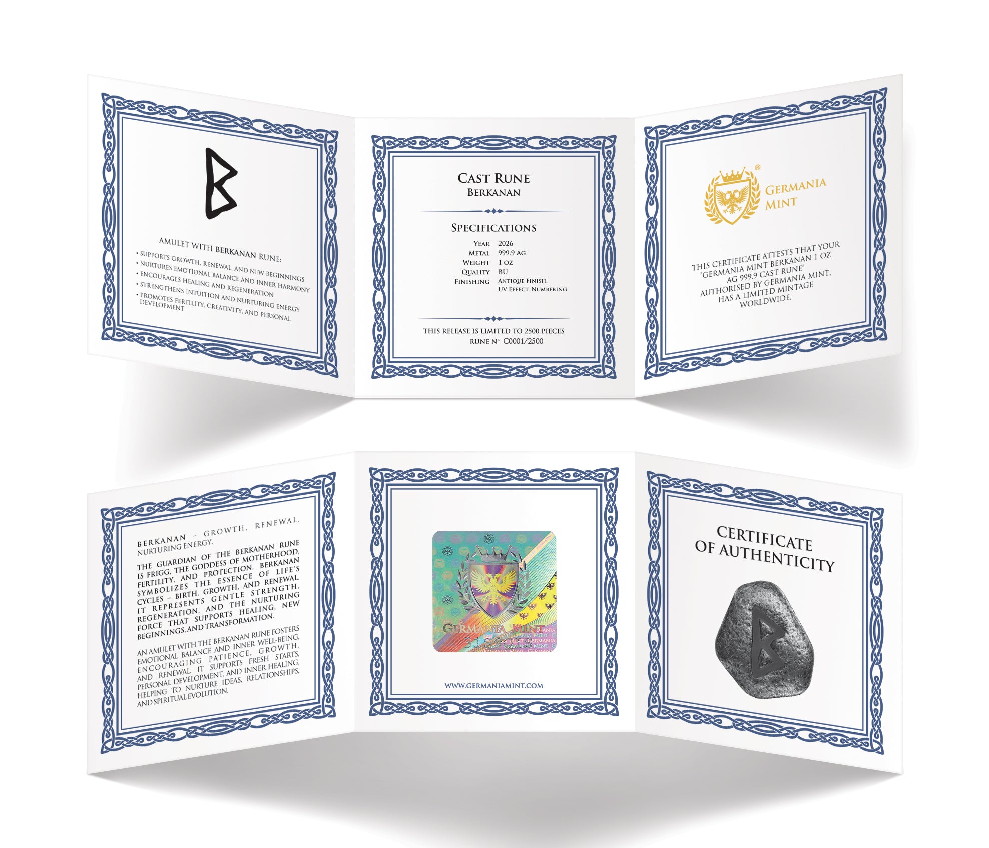 Berkanan 1 oz Pure Silver Cast Rune with UV light