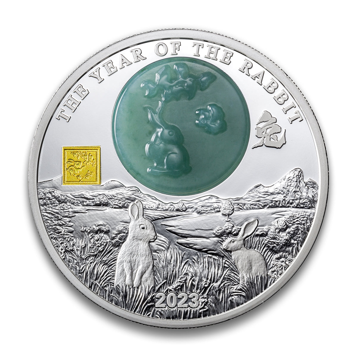 2023 25 Francs Lunar Year of the Rabbit  - Pure Silver Coin with Genuine Jade Inlay