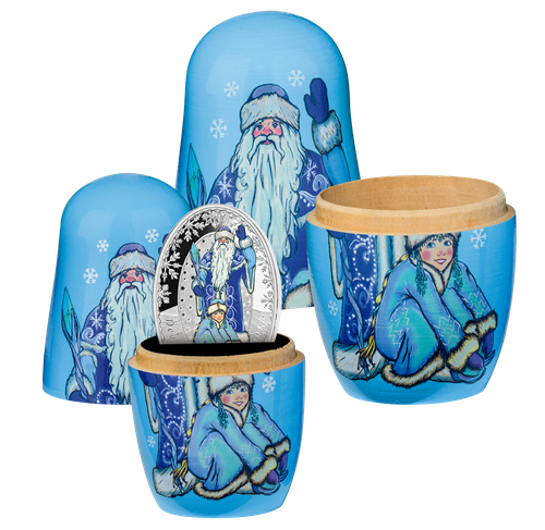 2019 $5 Father Frost and Snow Maiden Matryoshka Nesting Doll - Pure Silver Coin