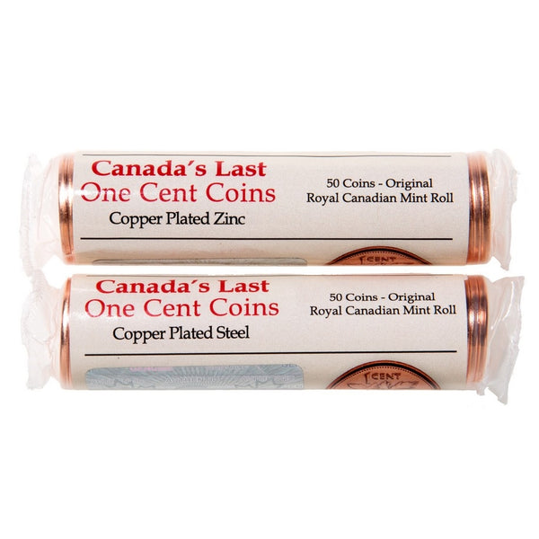 2012 1c Canadas Last One Cent Coins (1 Roll Copper-Plated Steel/ 1 Roll Copper-Plated Zinc)