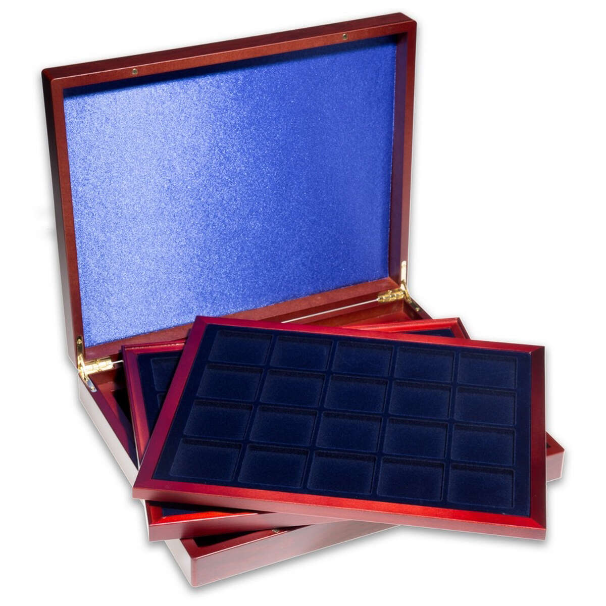 VOLTERRA TRIO de Luxe Coin Presentation Box 60 Compartment - 48mm x 48mm / Mahogany