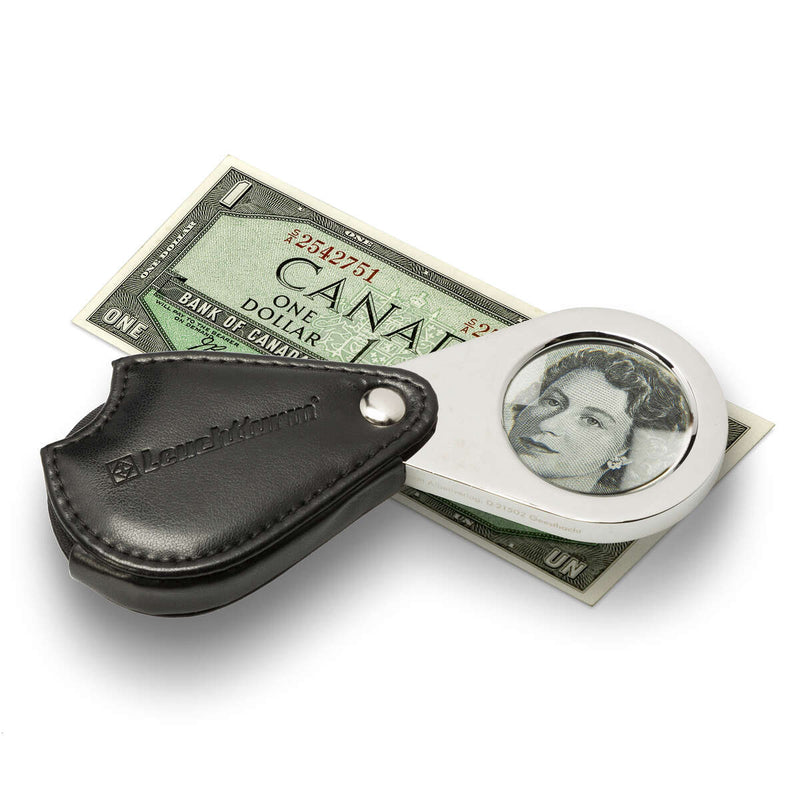 LU25 foldaway pocket magnifier with 3x magnification and black leather  protective case