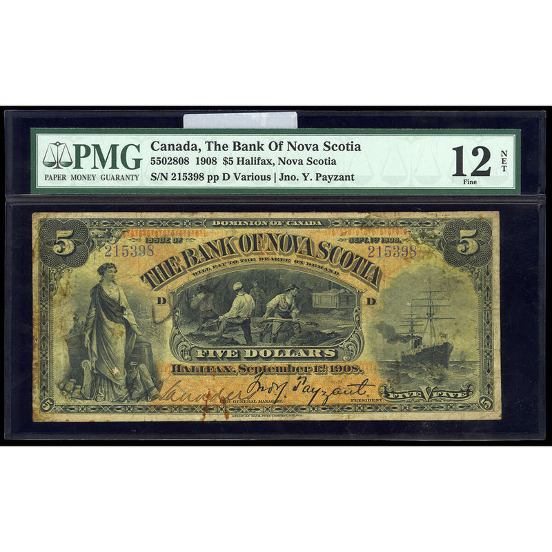 The Bank of Nova Scotia $5 1908 No Vs PMG F-12 Default Title