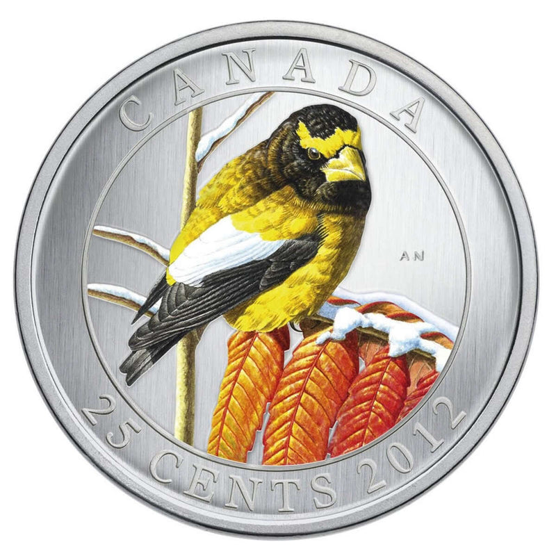 2012 25c Birds of Canada Evening Grosbeak Coloured Coin