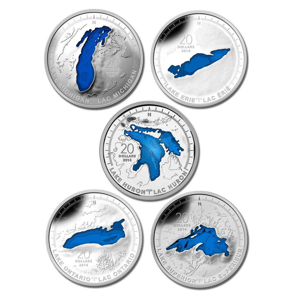 2015 20 The Great Lakes Pure Silver 5 Coin Set with Display Case