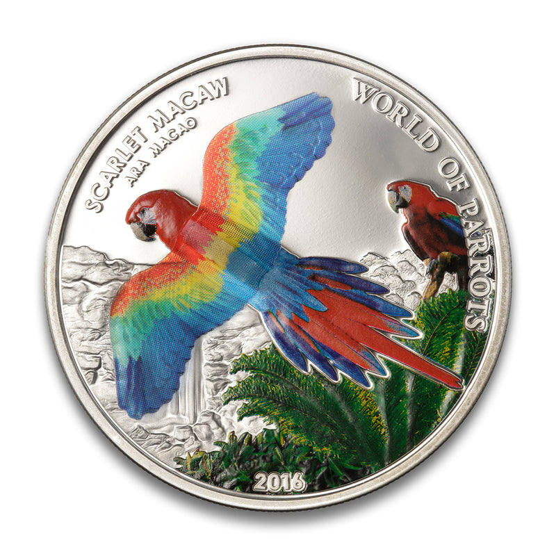 2016 $5 World of Parrots: Scarlet Macaw - Sterling Silver Coin