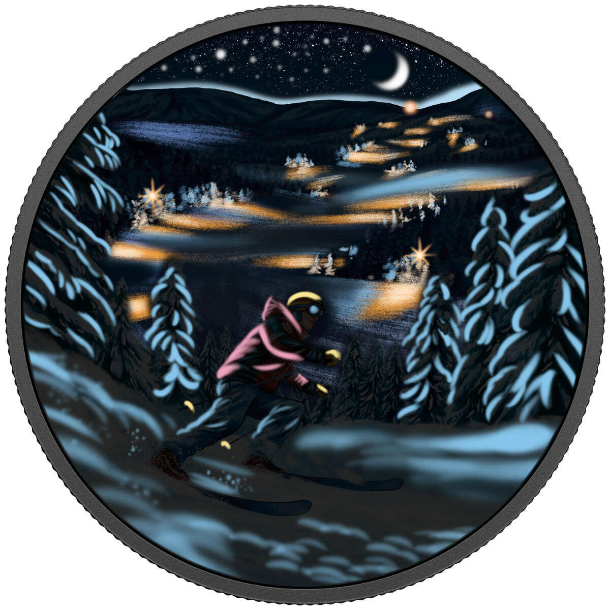 2017 $15 Great Canadian Outdoors: Night Skiing - Pure Silver Glow-in-the-Dark Coin Default Title