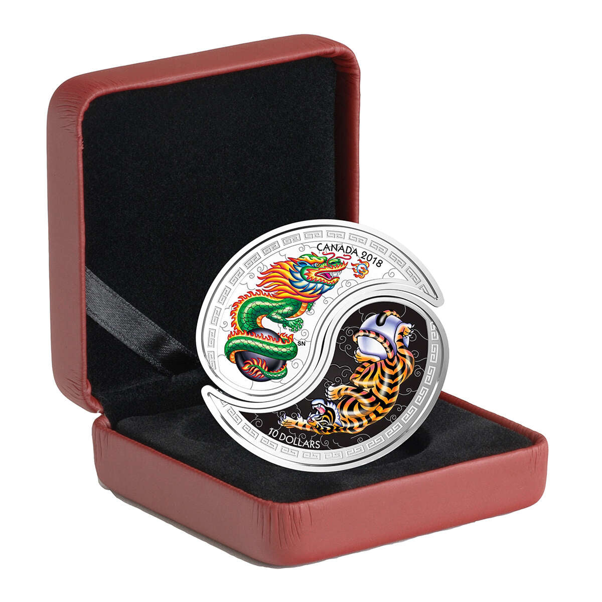 2018 $10 Black and White Yin and Yang: Tiger and Dragon