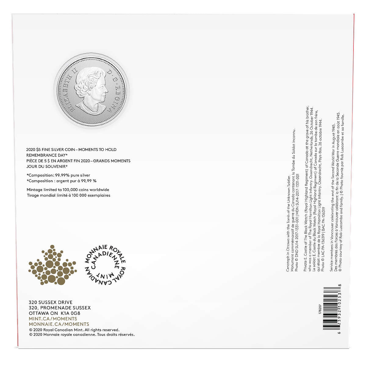 2020 $5 Moments To Hold: Remembrance Day - Pure Silver Coin