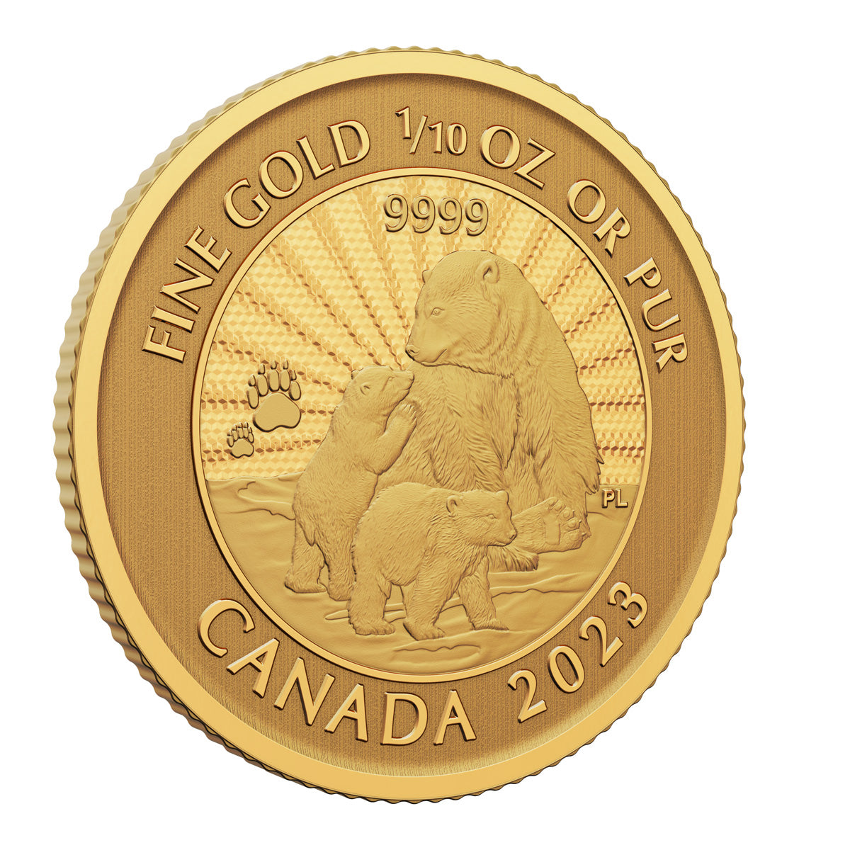 2023 $5 First Strikes: Majestic Polar Bear and Cubs - Pure Gold Coin