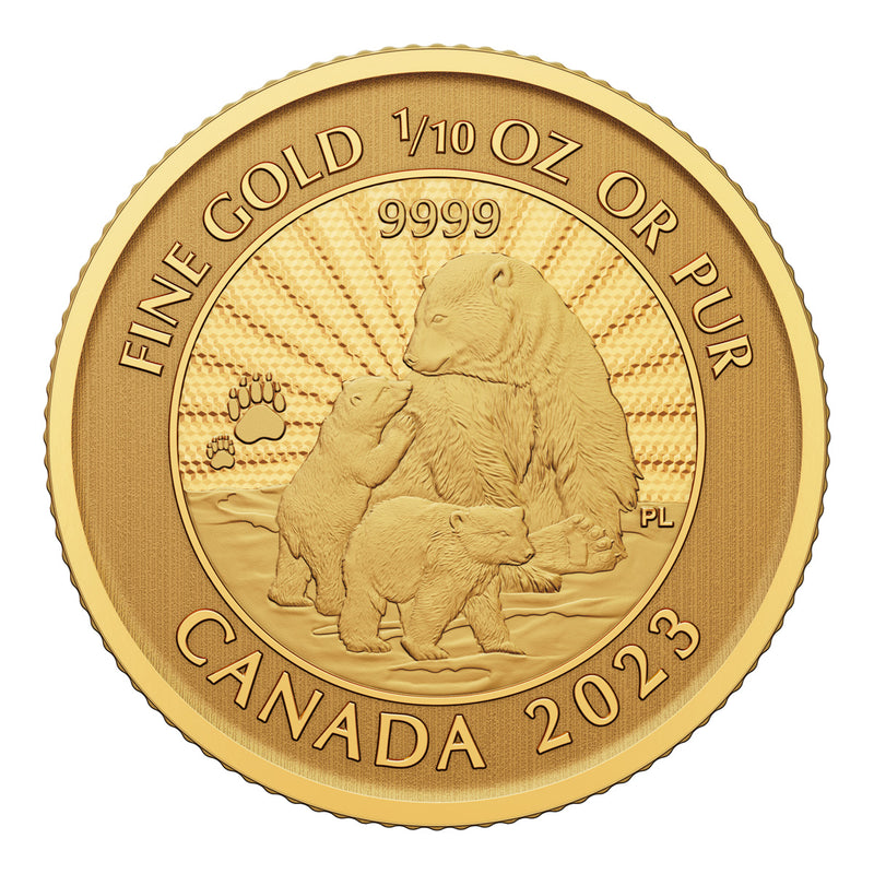 2023 $5 First Strikes: Majestic Polar Bear and Cubs - Pure Gold Coin