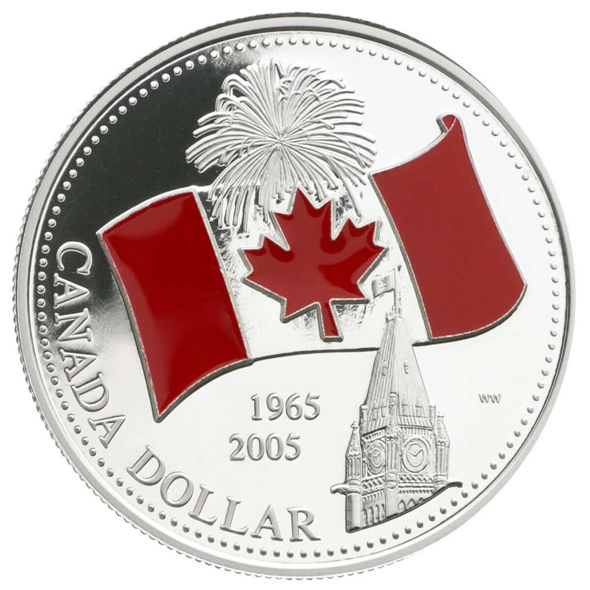 2005 $1 Canada's National Flag, 40th Anniversary - Enamelled Proof Pure Silver Coin Default Title