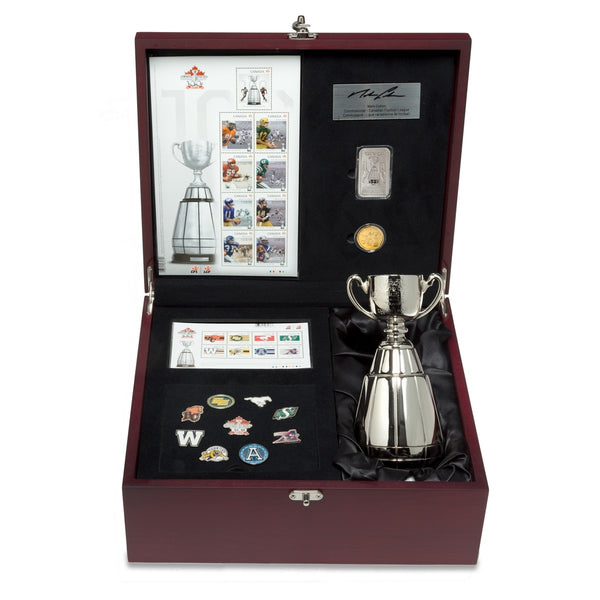 CFL Ultimate Fan Set - includes Grey Cup Loonie, 1 Ounce Pure Silver CFL bar and Replica Grey Cup