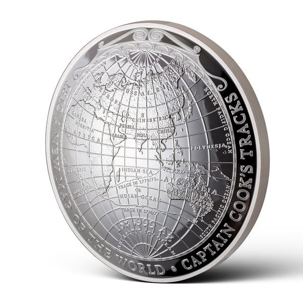 2019 $5 A New Map of the World: Captain Cook's Tracks and his Discoveries - Pure Silver Coin