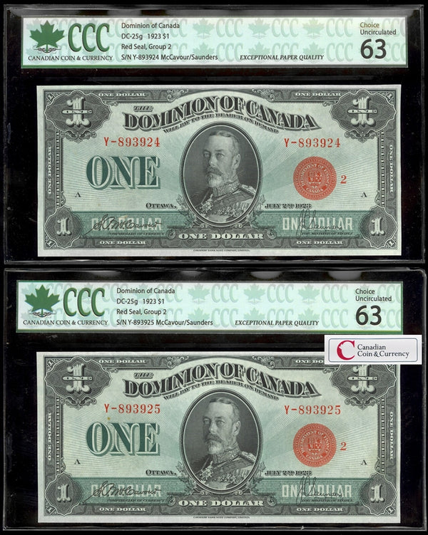 $1 1923 Consecutive DC-25g McCavour-Saunders, Red seal, Group 2 Series Y Prefix Y  CUNC-63