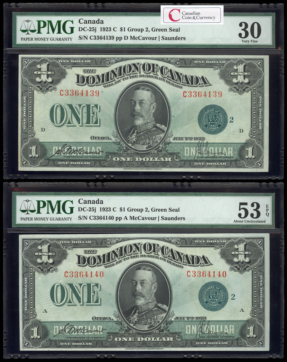 $1 1923 Consecutive DC-25j McCavour-Saunders, Green seal.  Group 2. Series C Prefix C PMG VF-30