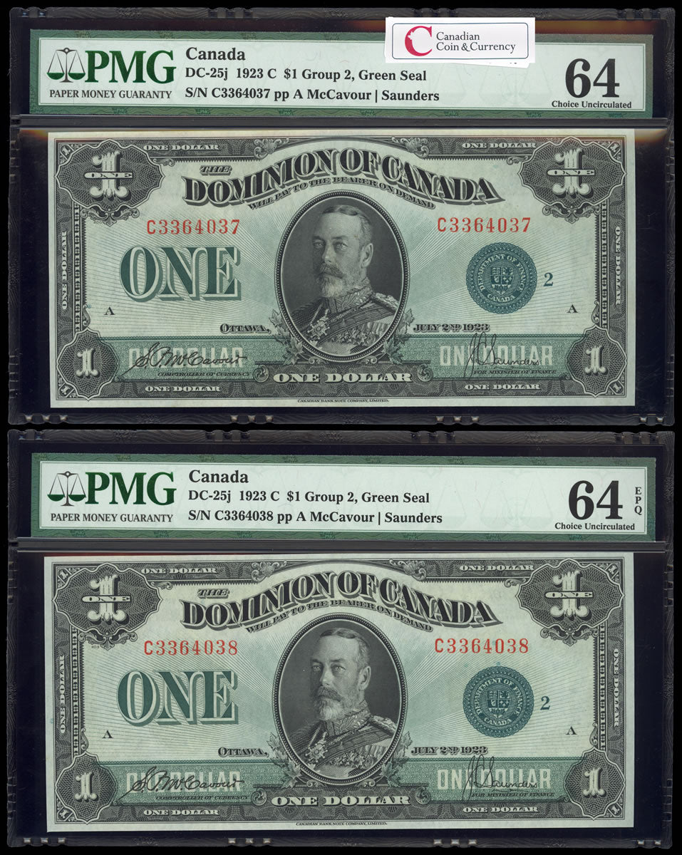 $1 1923 Consecutive DC-25j McCavour-Saunders, Green seal.  Group 2. Series C Prefix C PMG CUNC-64