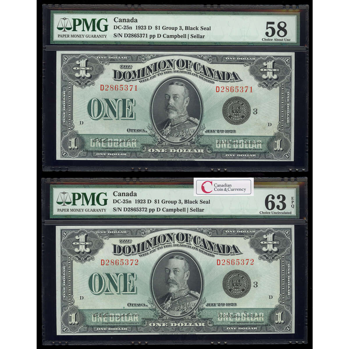 $1 1923 Consecutive DC-25n Campbell-Sellar, Black seal.  Group 3. Series D Prefix D PMG