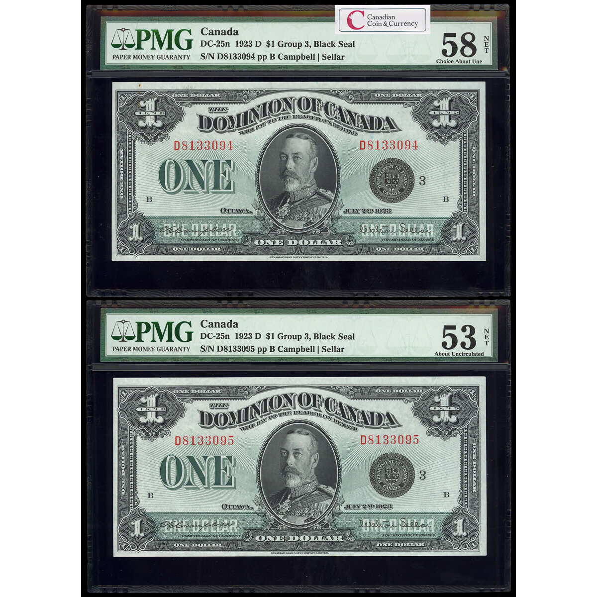 $1 1923 Consecutive DC-25n Campbell-Sellar, Black seal.  Group 3. Series D Prefix D PMG AU-58