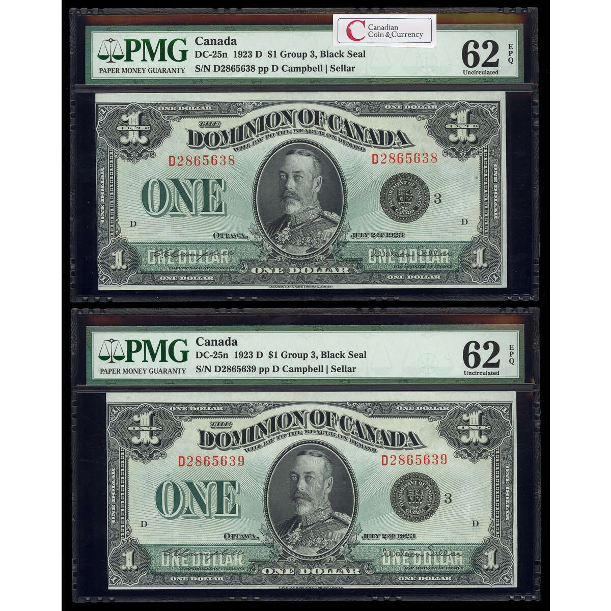 $1 1923 Consecutive DC-25n Campbell-Sellar, Black seal. Group 3. Series D Prefix D PMG UNC-62