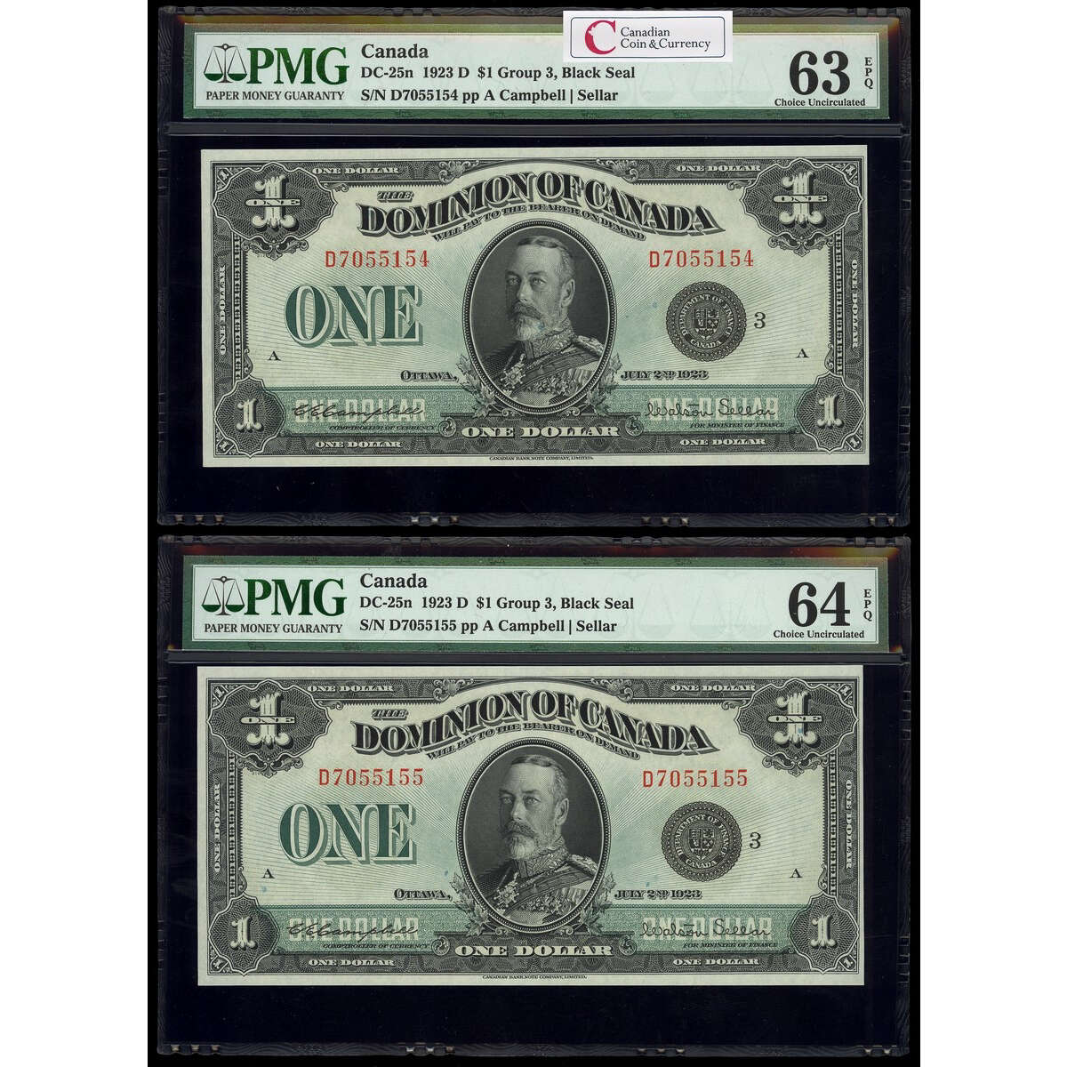 $1 1923 Consecutive DC-25n Campbell-Sellar, Black seal, Group 3 Series D Prefix D PMG CUNC-63