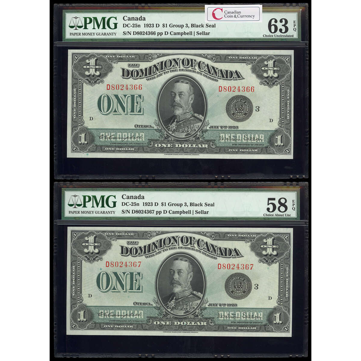 $1 1923 Consecutive DC-25n Campbell-Sellar, Black seal.  Group 3. Series D Prefix D PMG