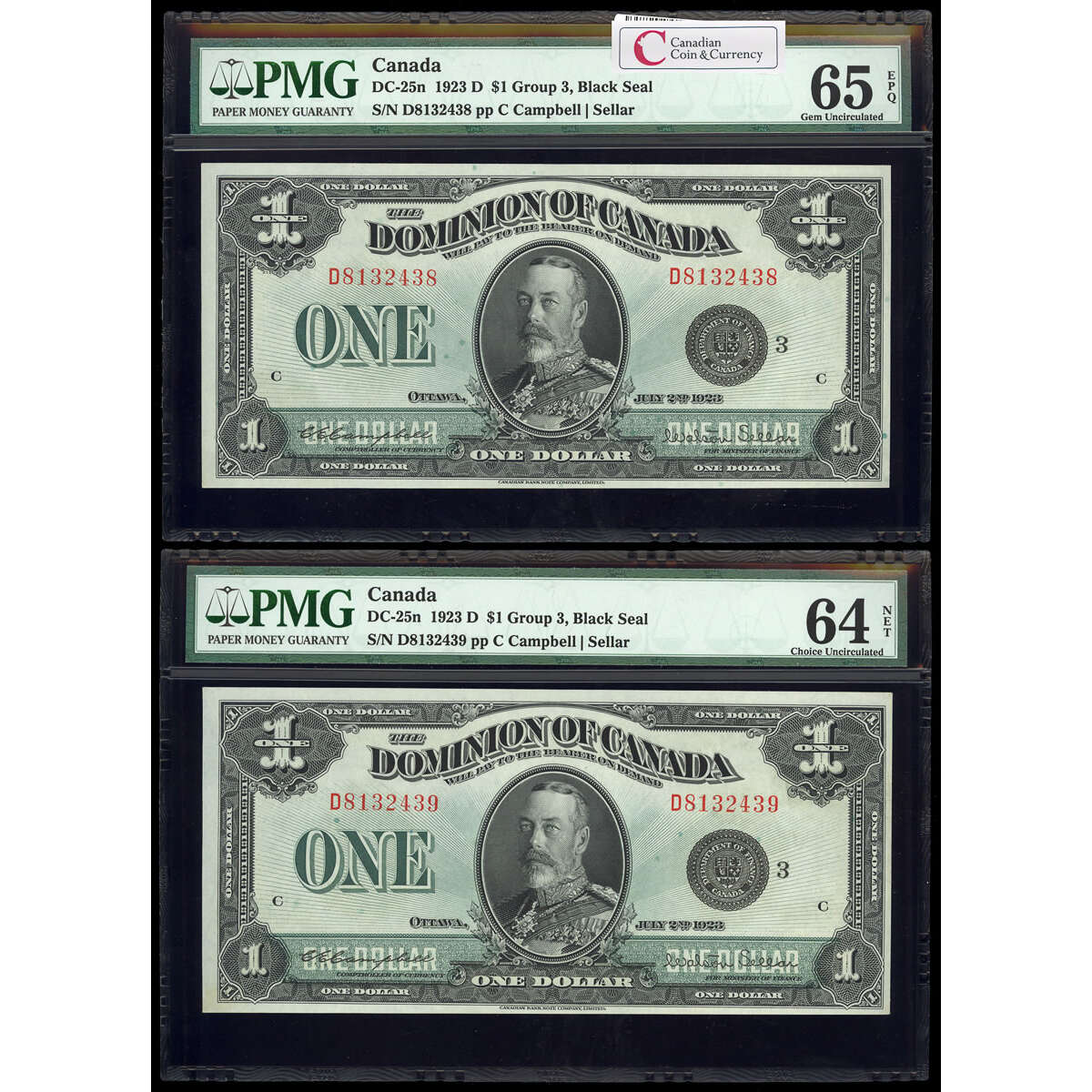 $1 1923 Consecutive DC-25n Campbell-Sellar, Black seal.  Group 3. Series D Prefix D PMG