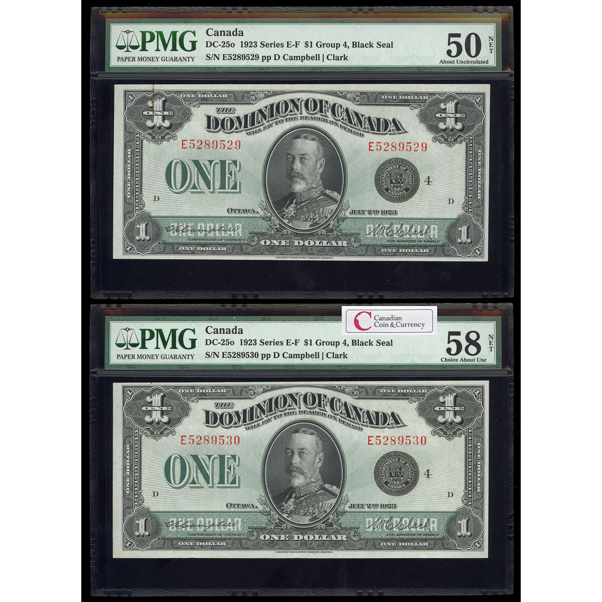 $1 1923 Consecutive DC-25o Campbell-Clark, Black seal. Group 4. Series E Prefix E PMG AU-58