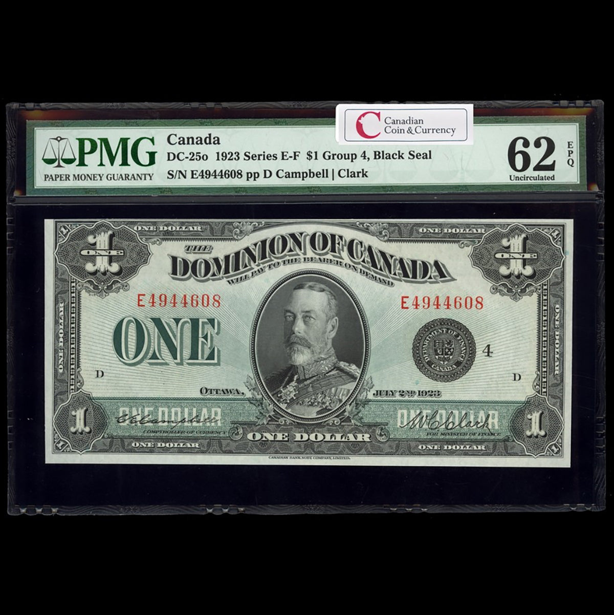 $1 1923 DC-25o Campbell-Clark, Black seal, Group 4 Series E Prefix E PMG UNC-62