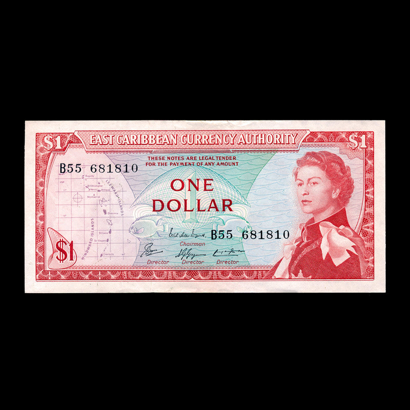 East Caribbean States 1 Dollar 1965 Elizabeth II Signature 8. Back variety 3. AU-55