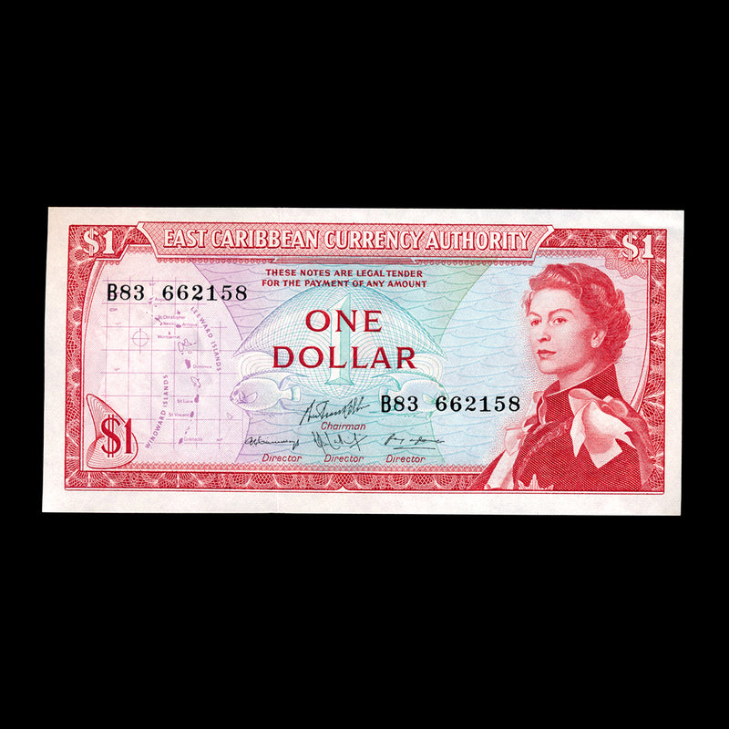 East Caribbean States 1 Dollar 1965 Elizabeth II Signature 10. Brighter red on back. UNC-60