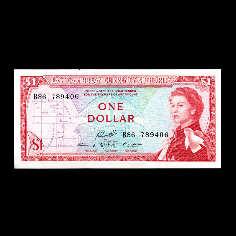 East Caribbean States 1 Dollar 1965 Elizabeth II Signature 10. Brighter red on back. UNC-62