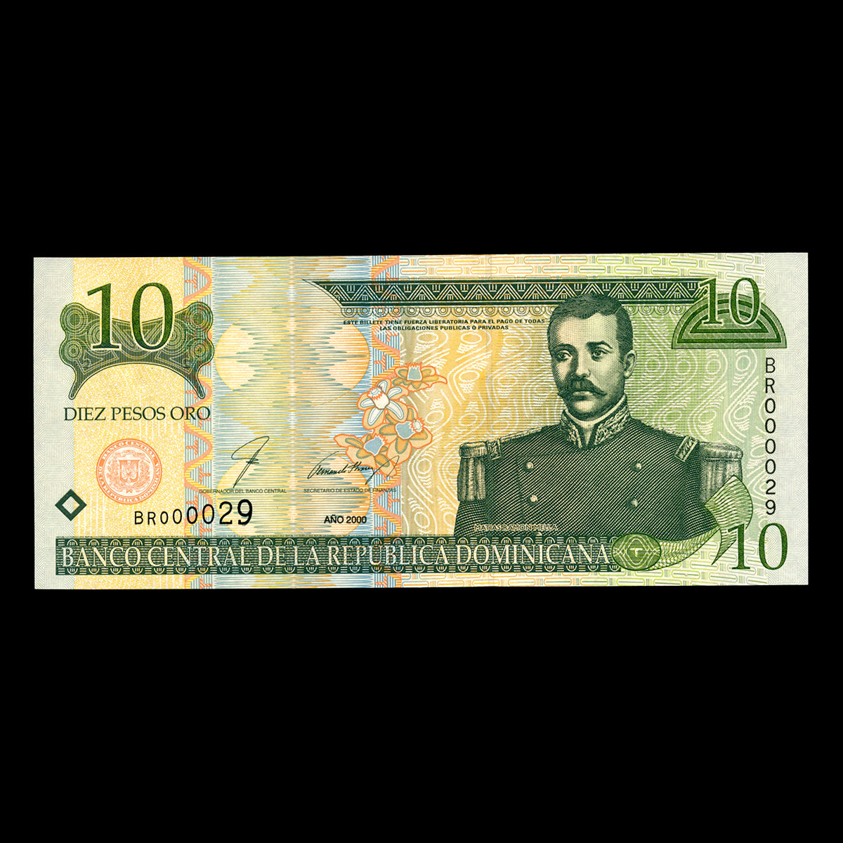 Dominican Republic 10 Pesos 2002 Green to left on face MS-60