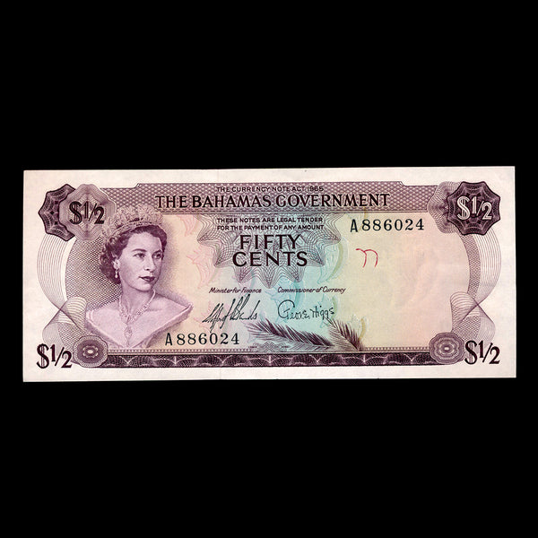 Bahamas 50 Cents 1965 Elizabeth II 2 signatures. UNC-60