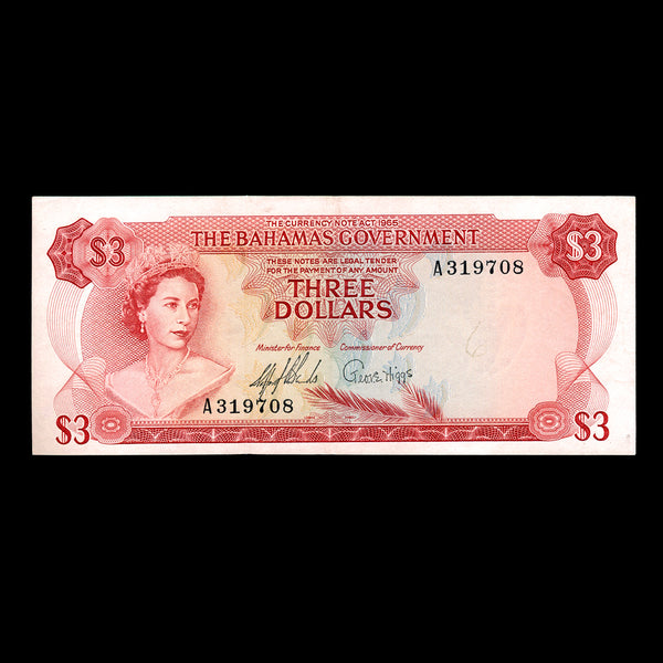Bahamas 3 Dollars 1965 Elizabeth II 2 signatures, Sands and Higgs. EF-40