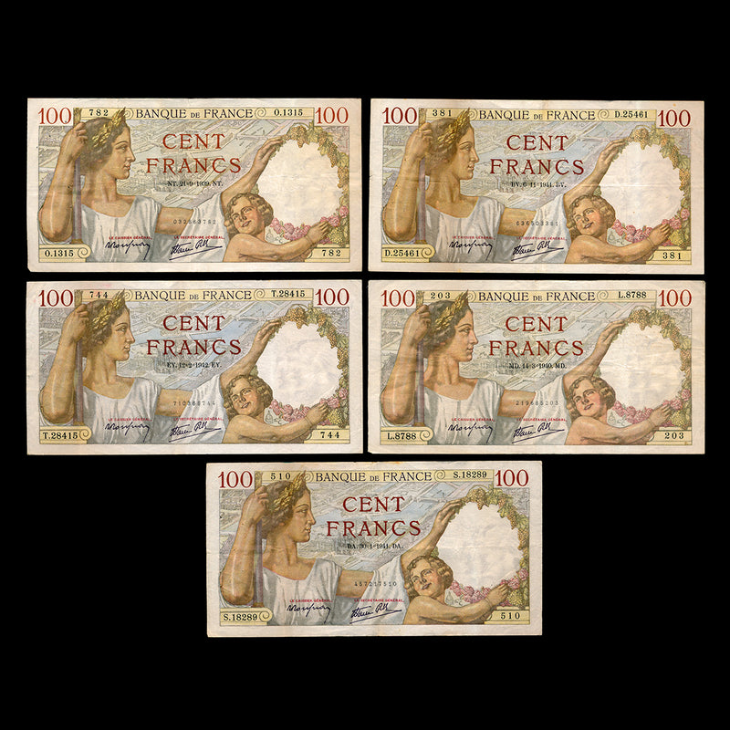 France 100 Francs 1939 Group of 5 notes VF-30